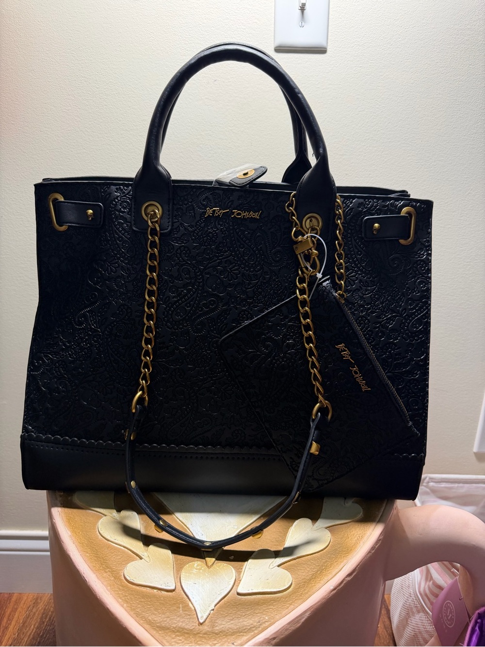 Betsey Johnson Halloween Black Embossed Tote Bag with Skulls, Paisley & Flowers